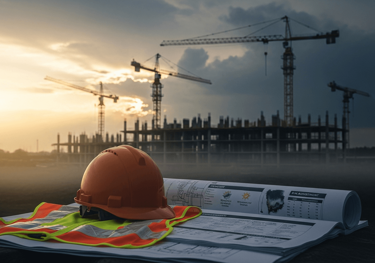 Construction site with safety equipment and blueprints at sunset